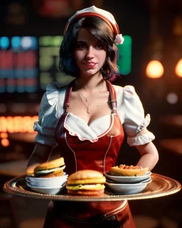 waitress woman with muppet mask that covers her entire head, concept art, retro style, smooth, unreal engine 5, god lights, ray tracing, RTX, lumen lighting, ultra detail, volumetric lighting, 3d.