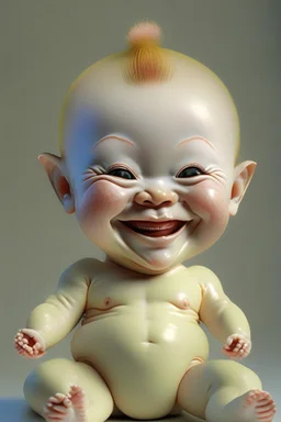 kewpie japanese doll smiling, 3D, hyper-realistic, full body