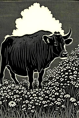 una vaca negra en un jardín lleno de flores en xilografía de duotono