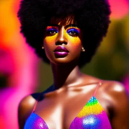 full body shot, masterpiece, best quality, family of three, dark skinned, sparkling eyes, fluorescent skin, colorful makeup, afro, highly detailed body, sun light, 4K, RAW, depth of field, high contrast, realistic details, 24mm