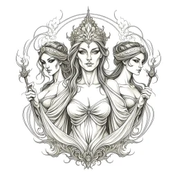 The Fates (Clotho, Lachesis, and Atropos).. realistis tatto sketch style, white background, profesional tatto sketch