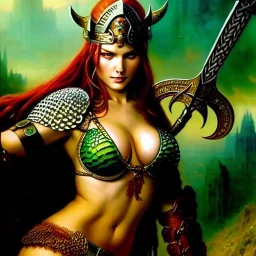 portrait 'beautiful Sexy Busty RedSonja',braided long hair,horned helmet, celtic tattoed,crystal clear green eyes,painting by gaston bussiere, greg rutkowski, yoji shinkawa, yoshitaka amano, tsutomu nihei, donato giancola, tim hildebrandt, oil on canvas, cinematic composition, extreme detail,fit full head inside picture,32k