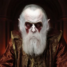 very grainy discolored modern photo, closeup portrait, dark ancient hall with no lights, grunge, extremely old male with chalk-white skin wearing old dashing and opulent gilded clothes, threatening, imposing, nosferatu