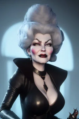 Mae West as evil queen in black leather, leather, busty, cleavage, angry, stern look. character design by cory loftis, fenghua zhong, ryohei hase, ismail inceoglu and ruan jia. unreal engine 5, artistic lighting, highly detailed, photorealistic, fantasy