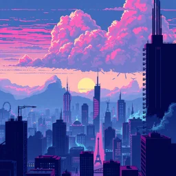 8 bit pixelart city, atomic cloud, synthwave, destroyed city