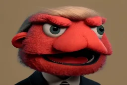 Angry muppet trump in suit, no tongue, looking forward, face, little, round puffball nose