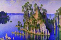 Big epic rock cliff, lagoon, alfred sisley impressionism painting