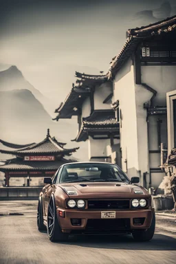 nissan gt-r, samurai in the background, retro look