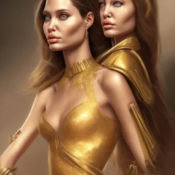 centered, Realist, head and shoulders portrait, young angelina jolie, golden dress athena god