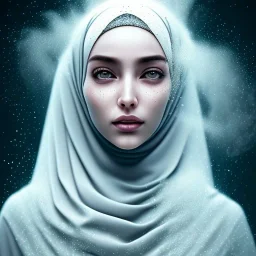 close-up portrait of woman in hijab dissolving into dust, morphing into blowing dust, particles, pixels, fine detail, highly intricate, wearing bridal veil, modern surrealism painting, defined cracks and breaks, high-quality, volumetric lighting, 8k, ultrahd, George Grie, Marco Escobedo, Igor Morski,Brian Froud, Howard Lyon, Selina French,