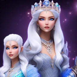 Ice Princess with white hair smilling, a crown with precious stones, bright background