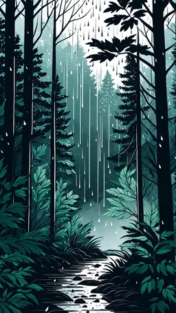 a dramatic scene in a dense forest under the rain. The background should feature raindrops falling around the leaves.thin line draw