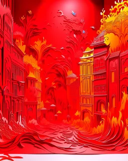 A red town with a fireworks festival designed in Chinese paper art painted by Andy Warhol