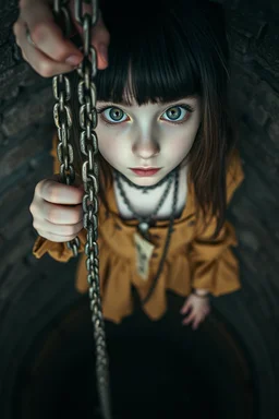 Closeup tall Girl goth with big eyes, fullbody, holding long chains, ragged and old clothes, the perspective looking up from the bottom of an empty well ,8k,macro photography,