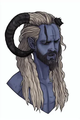 A tieffelin with blue skin and white Dreadlock hair. His pupil-less eyes are green. He wears a small beard. His horns are black and curved backwards. He wears a beige tunic.