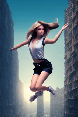 Girl jumping off a building, looking down, long hair, cute, beautiful