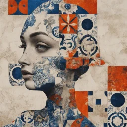 abstract editorial image, woman portrait, portuguese azulejos tiles pattern, mixed media, futuristic