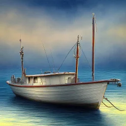 modern Fisherman small boat in the harbor, in the style of a watercolor painting