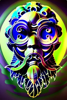 bearded man head with feathers, spheres, cubes, gears, clocks, engine parts, exhaust pipes, fur, peacock feathers, mechanism, in the style of Android Jones, gradient, bioluminescent, rococo, photorealistic, intricate details, 8k, purple and gold, digital painting, top light, illustration, trending on artstation