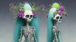 Partially skeletonized troll doll in ceremonial dress for getting married with plants growing from the top of her head; Alex Pardee; surrealism