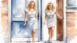 Open the door: youthful star Ginger Lynn in light dress stands on the doorstep with a smile [a chaotic pen sketch with a lot of strokes in stippling, aquarelle]