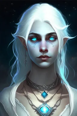 hauntingly beautiful character for dnd, young woman with white hair and blue eyes, angel, with moon necklace, fangs visible