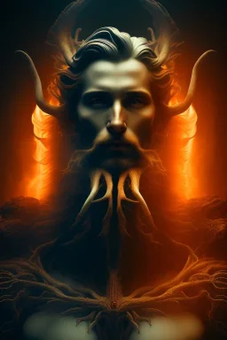 portrait photography of an ethereal beautiful animal god, Fire theme art, Dark moody night atmosphere, Portrait of a man by Michelangelo, 8K, close-up face, anatomically perfect face, oak tree roots, ignore NSFW