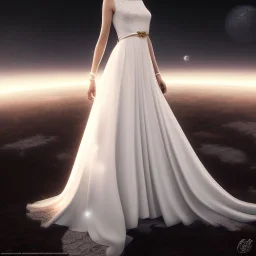 model shoot style, digital art full body portrait of (Princess Leia) ((dressed in white and off white gown)), surrounded by planets, ultra-detailed, ultra quality, ((official character art)), (dark fantasy), illustration, eerie atmosphere, 8k, cinematic lighting, bokeh