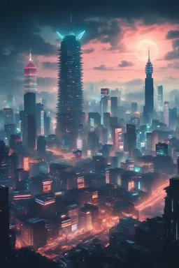 taipei city view in fantasy cyberpunk style with famous landmarks