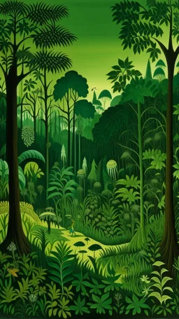 A green forest filled with fairies designed in Javanese shadow puppets painted by Henri Rousseau