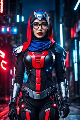 super pretty woman hijaber indonesia, good body, big bub, black longer hair, bad mode, high performance robot costume, glasses, hood, blue and red paint, to many weapons, led lights, good A.I. Interpretation, transformers inspiration, high definition photo, intrincate details, HD, darknight background.