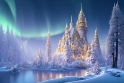  white and gold crystal castle，waterfall, winter snow flakessnow, northern Lights, full of details, smooth, bright sunshine，soft light atmosphere, light effect，vaporwave colorful, concept art, smooth, extremely sharp detail, finely tuned detail, ultra high definition, 8 k, unreal engine 5, ultra sharp focus