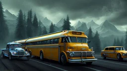 a school buss driving on the freeway, full of orcs, perfect composition, hyperrealistic, super detailed, 8k, high quality, trending on artstation, studio photo, highly detailed, wide borders