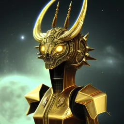 hunter Galaxy treasure moon portrait robotic bloody evil theeth body details 16k warrior gold body dark horn metal silver hybrid Gold Reckt Powerful spike dark render lightning