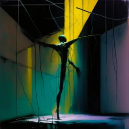 Minimal abstract oil painting of a person limbs sinew. in concrete warehouse brutalist architecture and hanging wires illuminated at night. With triadic colours. In the style of Justin Mortimer and Phil Hale