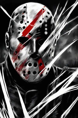 Friday the 13th, Jason Voorhees, negative black, white, and red Speedpaint with large brush strokes, by Junji Ito