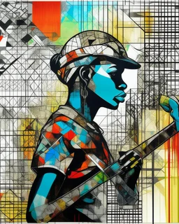 an extreme abstract acrylic and ink and battered paper photo collage poster of a heavily stylized factory worker holding a hammer, an unexpected arafed improbability with a checkered juxtaposition, liminal space, tribal patterns, memories of negative space, amazing reflections, amazing curves, amazing transparency, split vibe, double exposure influence, heavy zigzag vibe, side view, afrofuturism