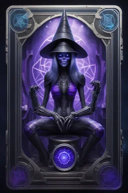 sacred geometry framed playing card, black, blue and purple drum set spider priestess cyber in witch hat shadows boss card in the style of Giger and fallout 4 ,bokeh like f/0.8, tilt-shift lens 8k, high detail, smooth render, down-light, unreal engine