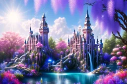 luminous white crystal castle,fountain, sun,swanns,waterfall, BLUE LAKE, SWANNs,blue bugainvillier flowers, jacaranda violet trees, sky pink blue, full of details, smooth, bright sunshine，soft light atmosphere, light effect，vaporwave colorful, concept art, smooth, extremely sharp detail, finely tuned detail, ultra high definition, 8 k, unreal engine 5, ultra sharp focus