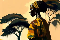 Design, African woman, oil painting, featureless, graphic, drawing without facial features, background, sky, trees, traditional clothes