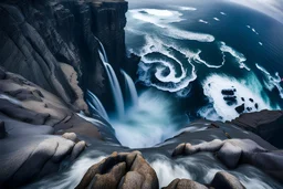 massive intimidating rock cliffs ascend all around and further up out of view. far below, the stormy ocean swirls intimidatingly. The ocean water falls off a waterfall down into a circular pit
