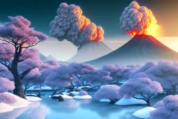 Japanese Fuji Mountain,eruption lava flows into snow , concept art, smooth, extremely sharp detail, finely tuned detail, ultra high definition, 8 k, unreal engine 5, ultra sharp focus, illustration, magic ambient,bonsai cherry blossom trees , japanese gondolas .