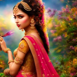 bright indian fairy, beautiful portrait, flowery landscape