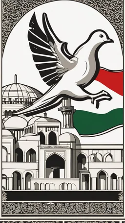 A design for Al-Aqsa Mosque, with a dove around it that expresses freedom, and the Palestinian flag flutters, covering Al-Aqsa Mosque.