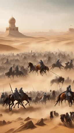 An Islamic war between two armies in the desert, with swords and horses