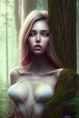 Hiper realista, hiper detalhado, retrato de corpo inteiro, com uma mulher incrivelmente bonita andando na floresta , Boris vallejo, wlop, artgerm