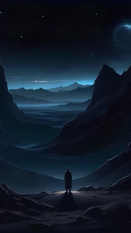 Envision a barren, rocky wasteland beneath a star-studded night sky. Jagged, obsidian cliffs jut out from the ground, and the air is thick with an almost palpable sense of mystery and danger. In the distance, an enigmatic figure cloaked in dark robes stands at the edge of a sheer precipice, gazing out into the unknown.