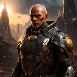 star wars bald male corellian pilot wearing pearlescent black and gunmetal grey First Order special forces heavy assault stealth commando armor and helmet with gold trim inside the jedi temple, hyperdetailed, dynamic lighting, hyperdetailed background, 8k resolution, volumetric lighting, light skin, fully symmetric details