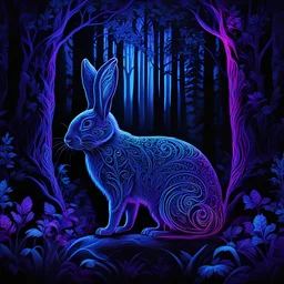 A black light painting of an intricate folk art rabbit in the forest. Neon glow, UV light. fantasy,By Leonardo da vinci,Michelangelo,Raffaello deep color, daytime Lighting, digital illustration, 4K, Hyperdetailed, Intricate Details, 3D shading, Art of Illusion