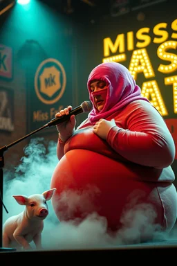 a very fat swedish girl, with pink balaclava with called "Fröken Fläsk" performing at dance club, her name is "Fröken Fläsk" piglets On stage, yellow Neon lights and smog, and "FRÖKEN FLÄSK" big sign on the wall, she singing with mic, text in swedish! no translate mr. stable ai